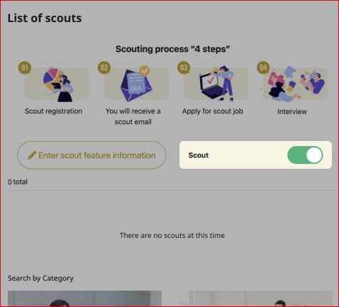 Pantalla de lista de Scout con el botón "Completar información de Scout" y el interruptor de encendido/apagado de Scout