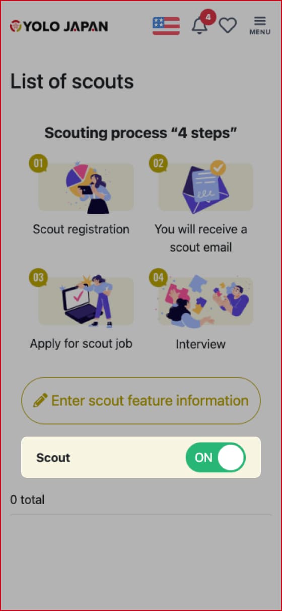 Pantalla de lista de Scout con el botón "Completar información de Scout" y el interruptor de encendido/apagado de Scout